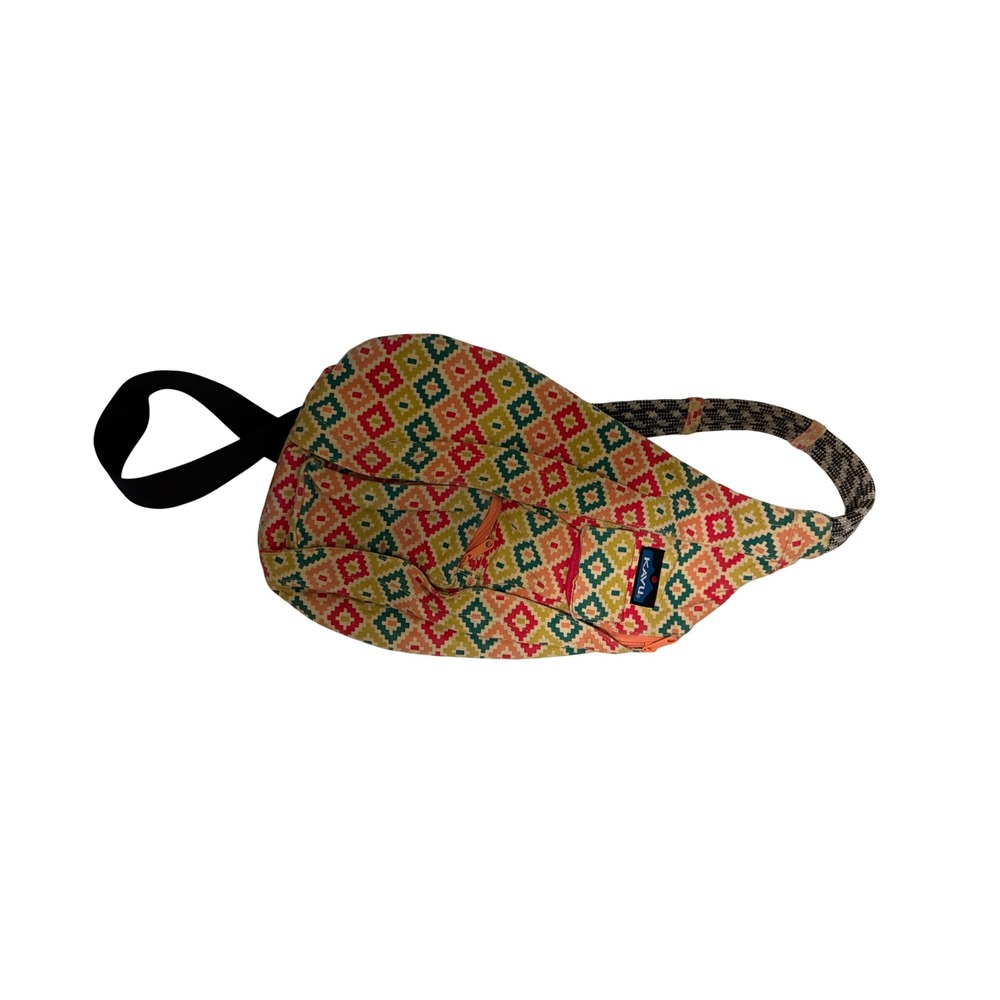KAVU Rope Bag Geometric Diamond Print Sling Backpack Orange Green Boho